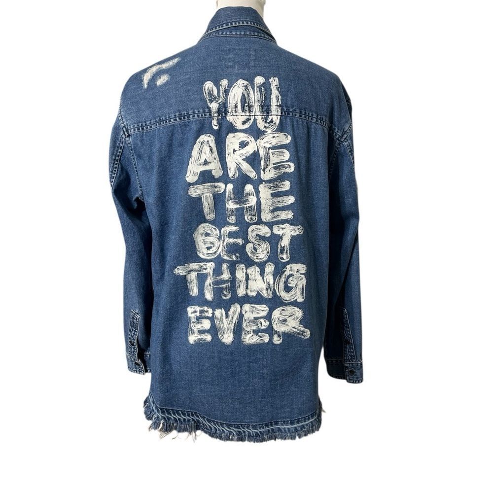 American Eagle Oversized Denim Jacket Women's Medium Blue Distressed Street - Picture 5 of 10